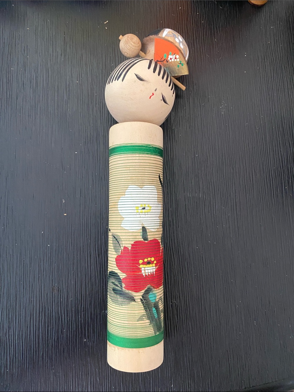 Hand-Painted Wooden Kokeshi Doll with Red and White Floral Design